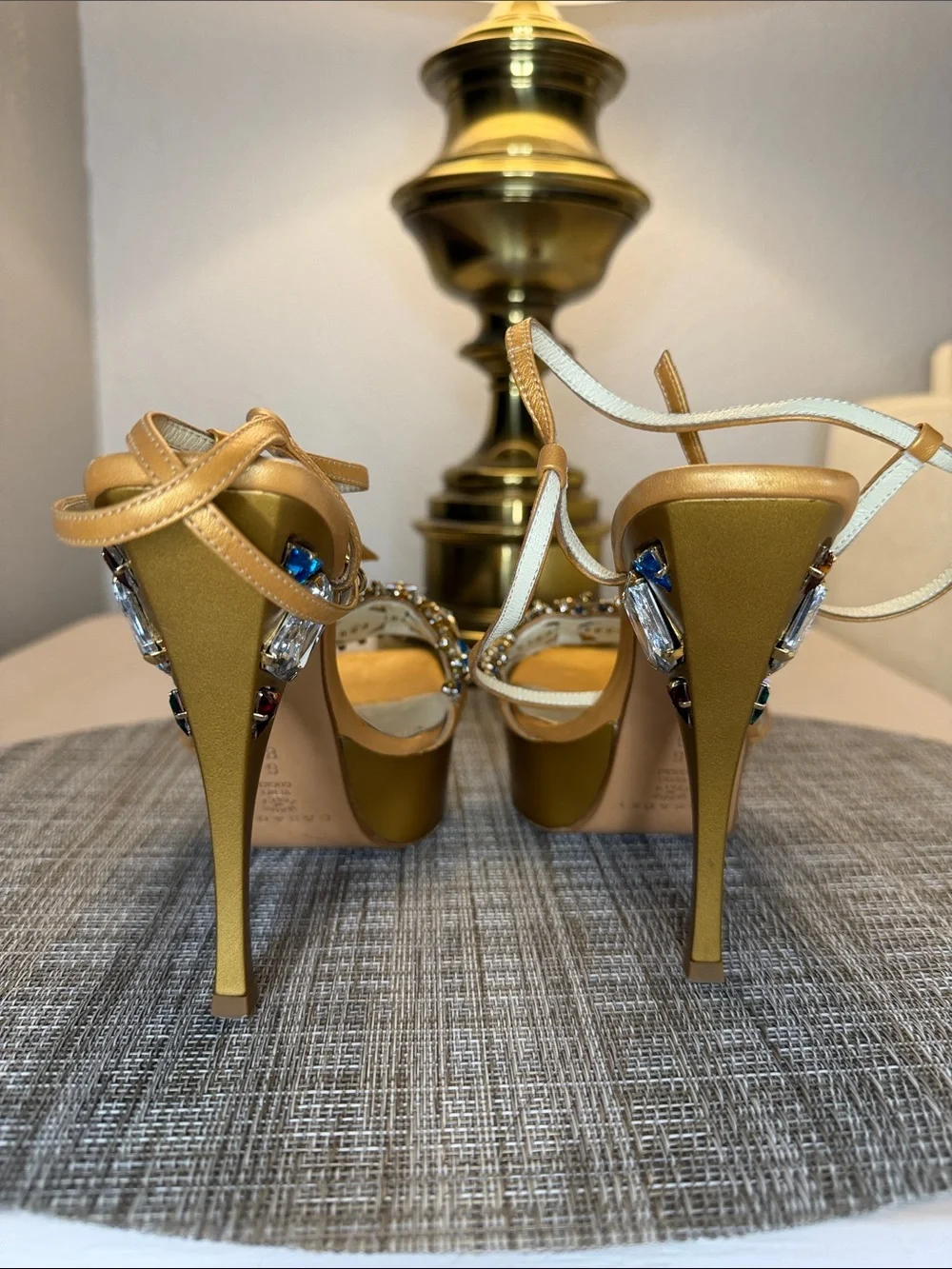 Casadei Gold Jeweled Platform Sandals with Multicolor Gems